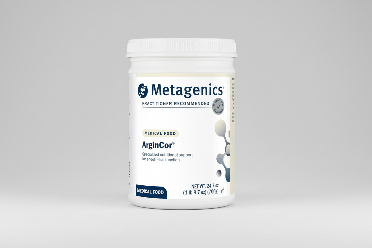 Metagenics ArginCor supplement container on a gray background