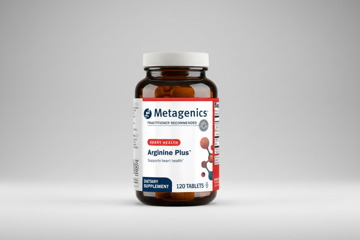 Metagenics Arginine Plus dietary supplement bottle on a gray background