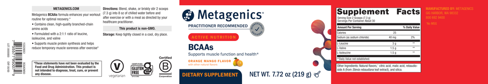 Metagenics BCAAs supplement label with supplement facts and ingredients.