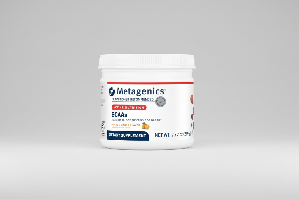 Metagenics BCAAs dietary supplement container on a gray background