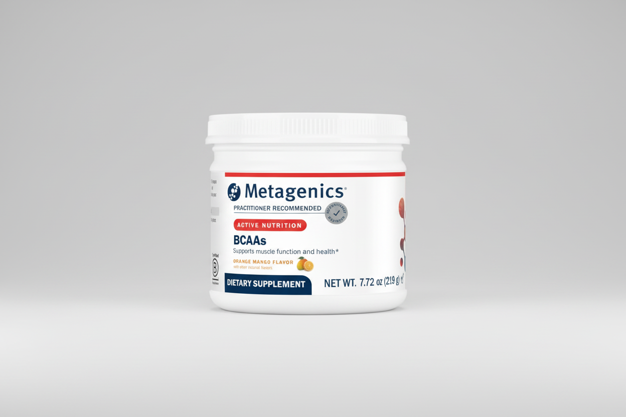 Metagenics BCAAs dietary supplement container on a gray background