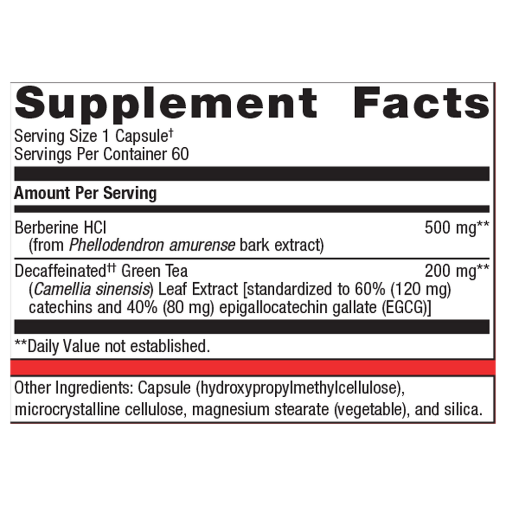 Supplement facts label with Berberine HCL and Decaffeinated Green Tea extract on a white background