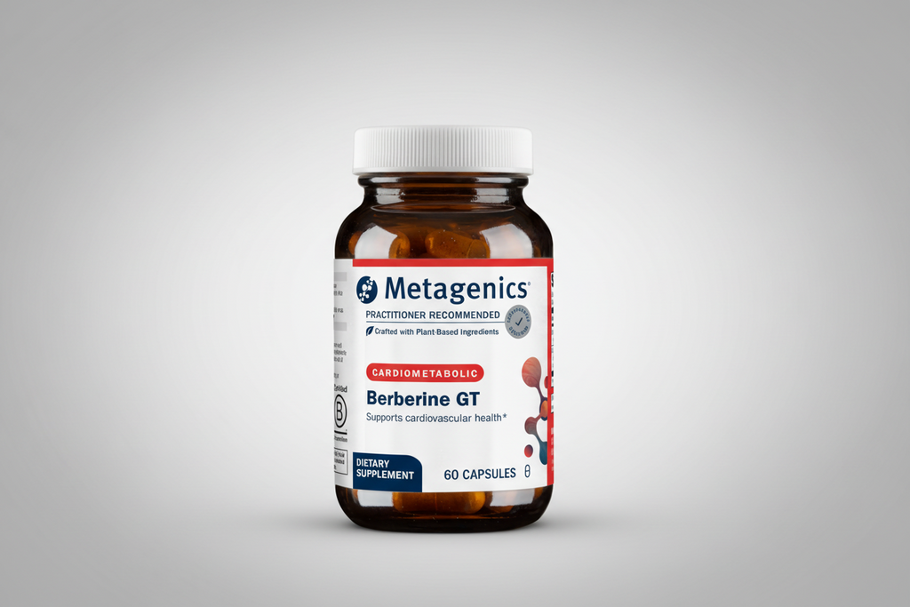 Metagenics Berberine GT dietary supplement bottle on a gray background
