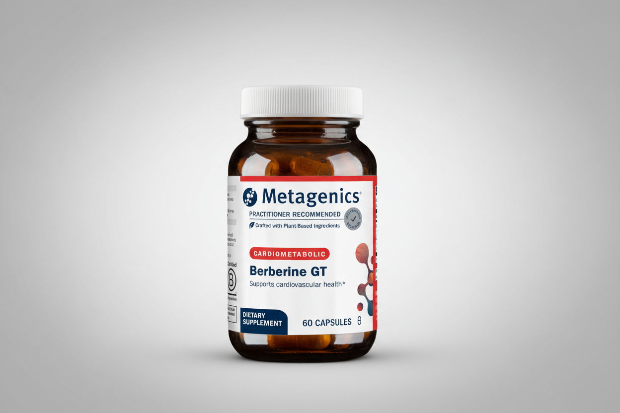 Metagenics Berberine GT dietary supplement bottle on a gray background