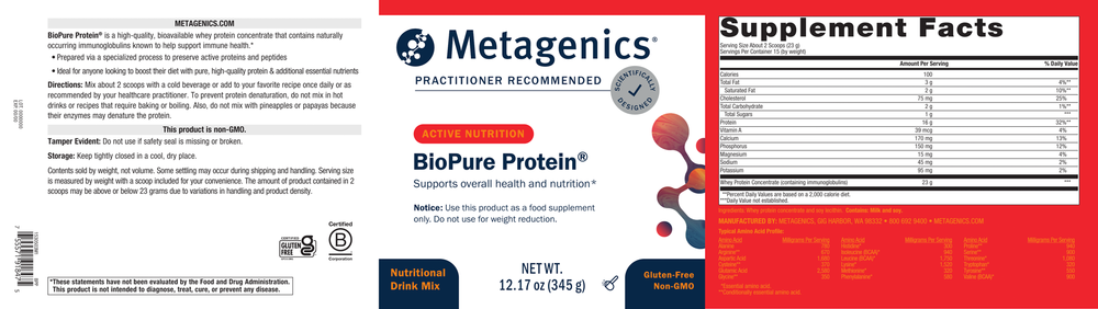 Metagenics BioPure Protein supplement label with supplement facts.