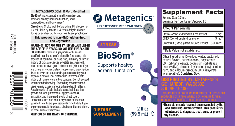 Metagenics BioSom dietary supplement label with text and graphics.