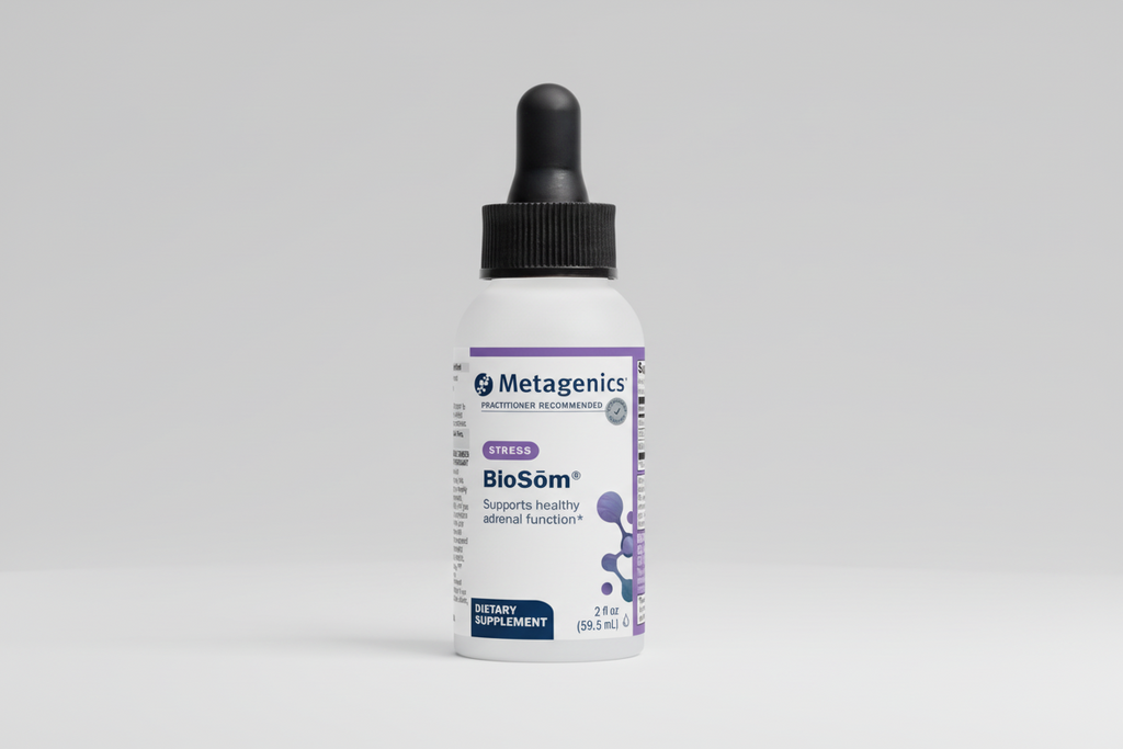 Metagenics BioSOM bottle with dropper on a gray background