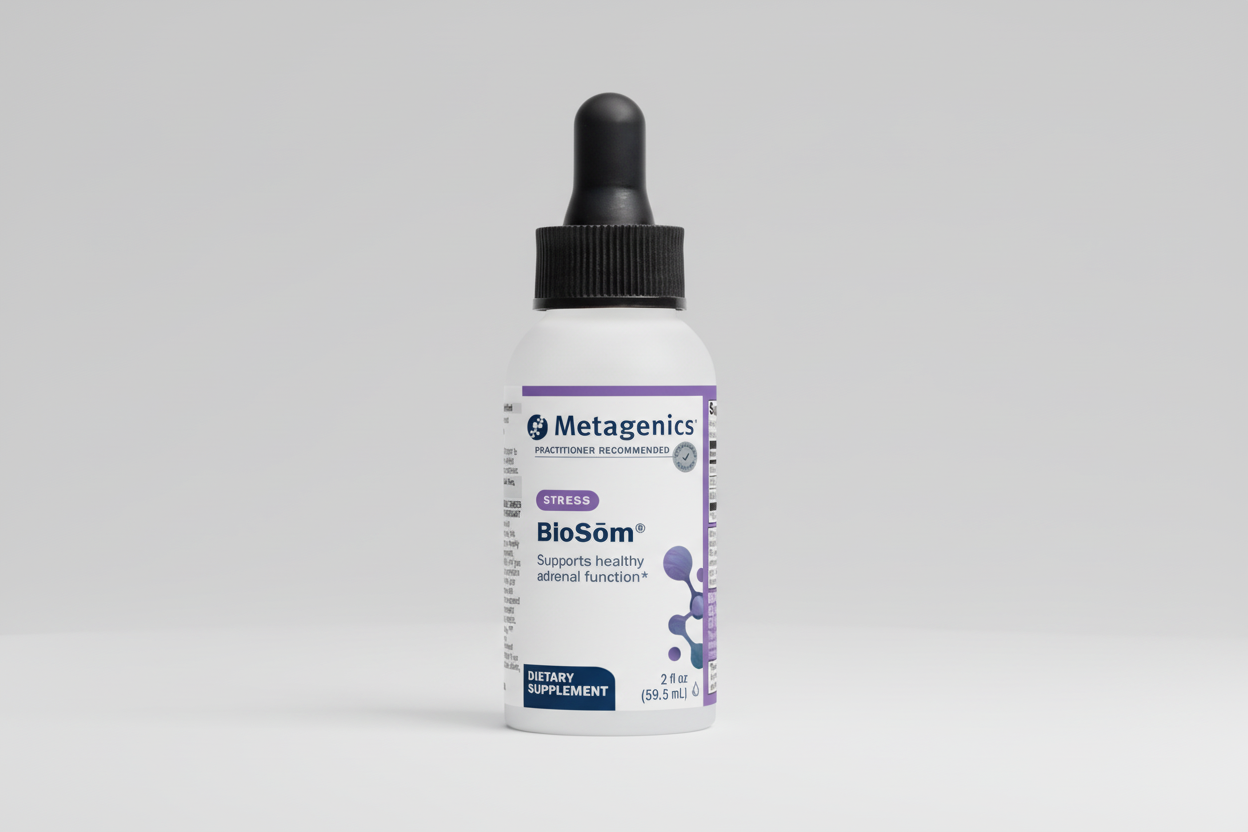Metagenics BioSOM bottle with dropper on a gray background