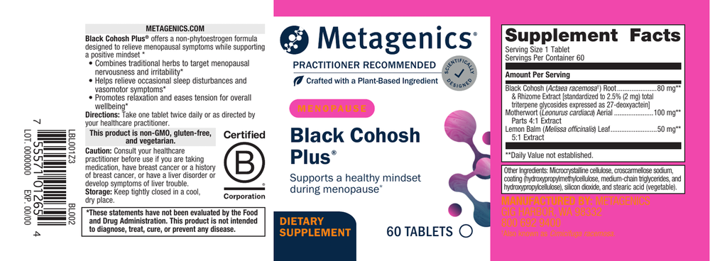 Metagenics Black Cohosh Plus supplement label with branding and product details.