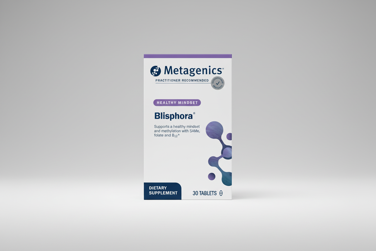 Metagenics Blisphora dietary supplement packaging on a gray background