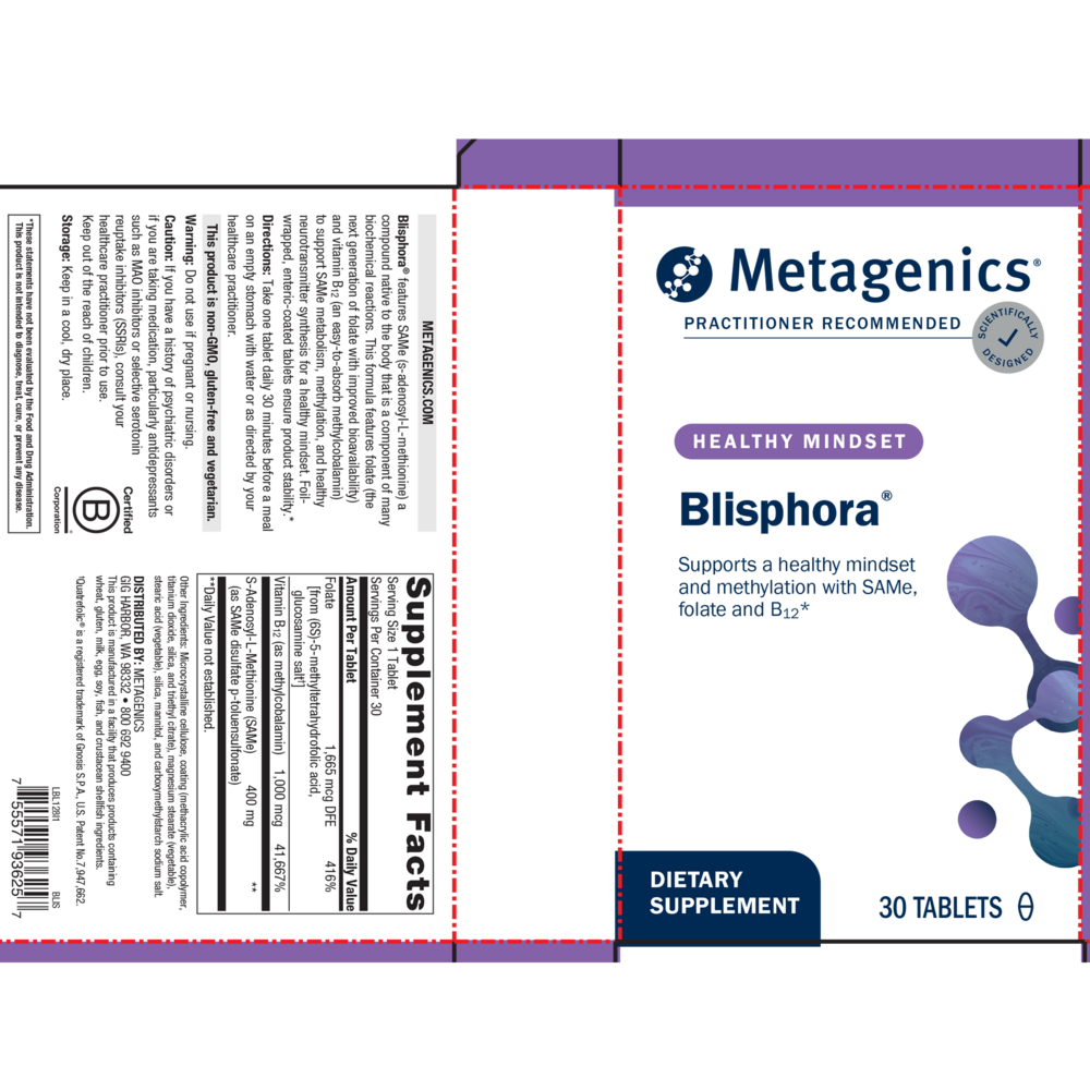 Metagenics Blisphora dietary supplement packaging with branding and product details.