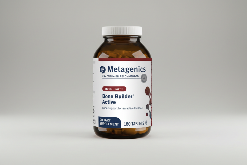 Metagenics Bone Builder Active dietary supplement bottle on a gray background
