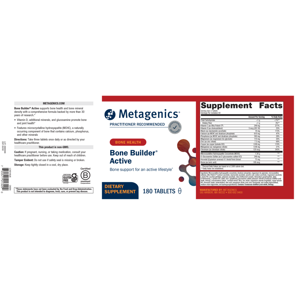 Metagenics Bone Builder Active supplement packaging with supplement facts on a white background