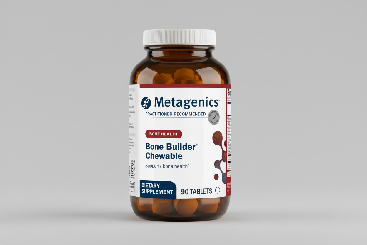 Metagenics Bone Builder Chewable supplement bottle on a gray background