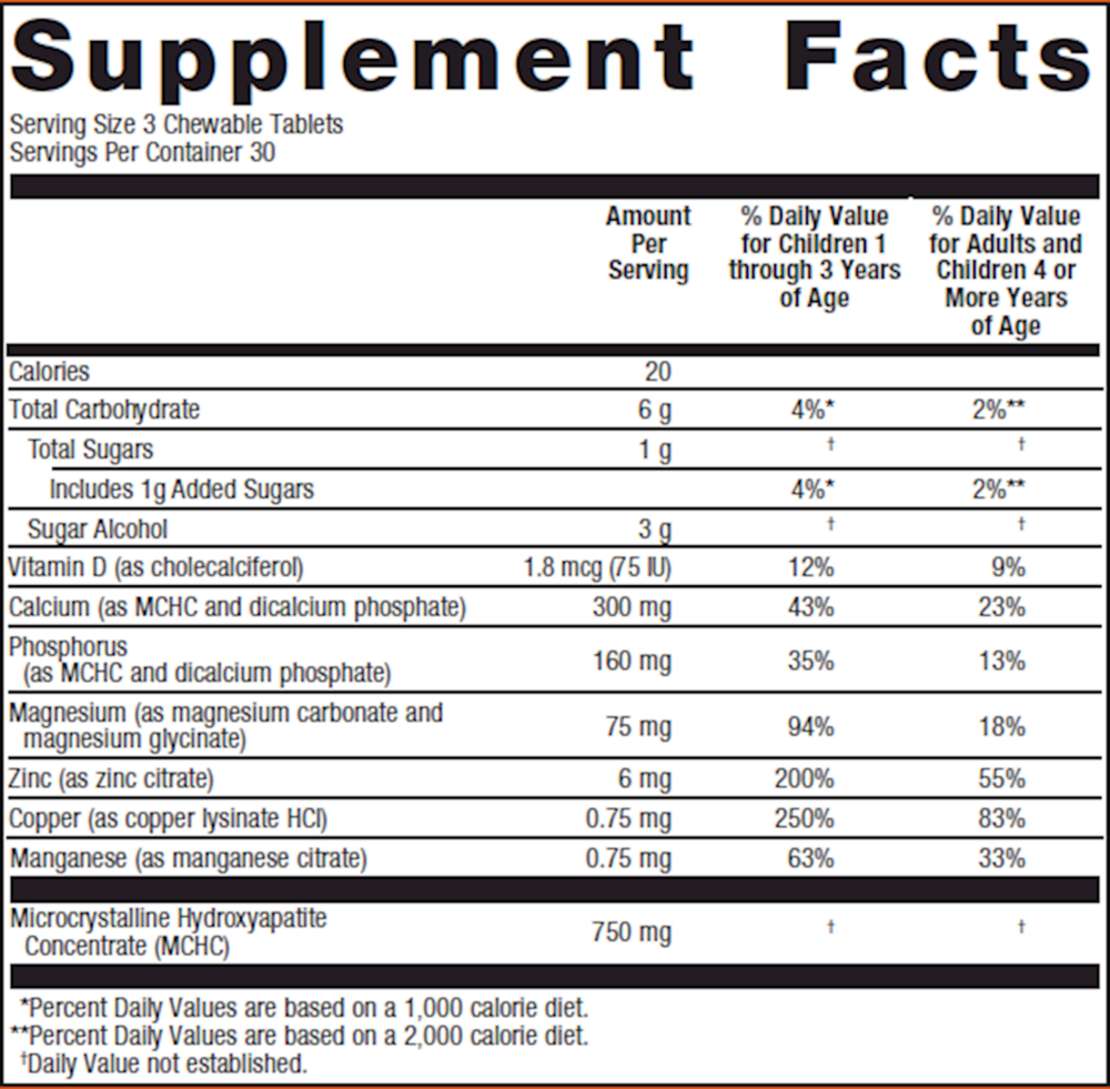 Supplement facts label for chewable tablets with detailed nutritional information.