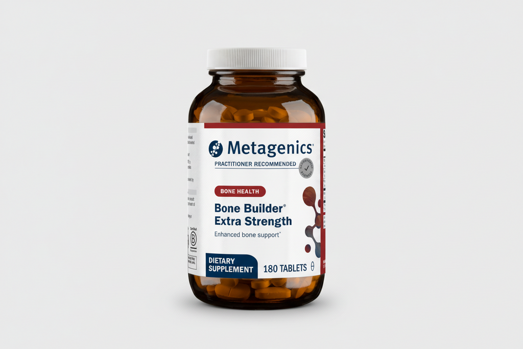 Metagenics Bone Builder Extra Strength supplement bottle on a white background