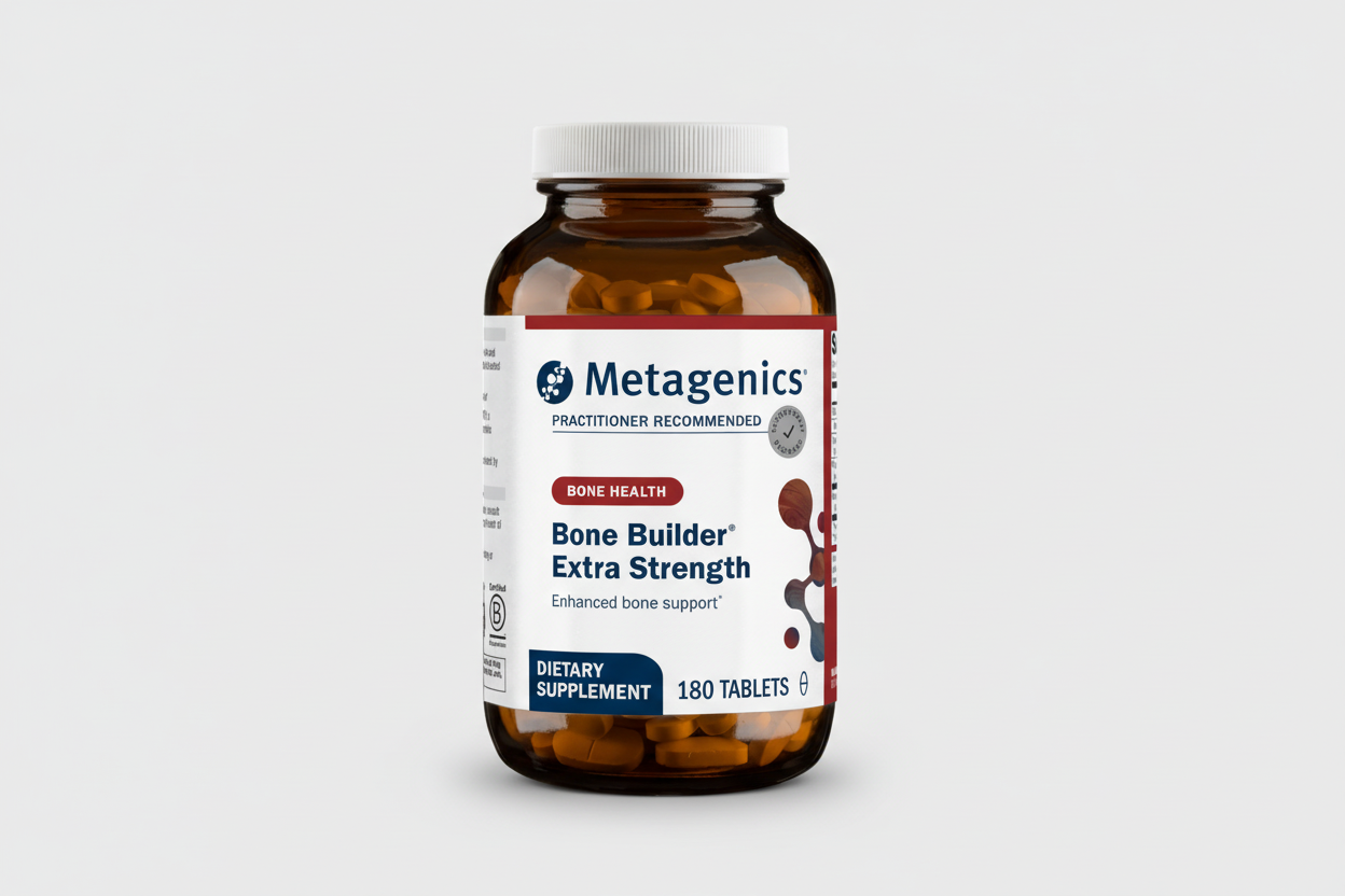 Metagenics Bone Builder Extra Strength supplement bottle on a white background