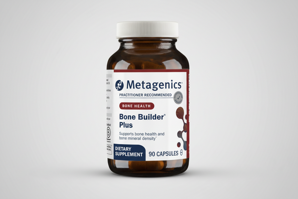 Metagenics Bone Builder Plus supplement bottle on a light gray background