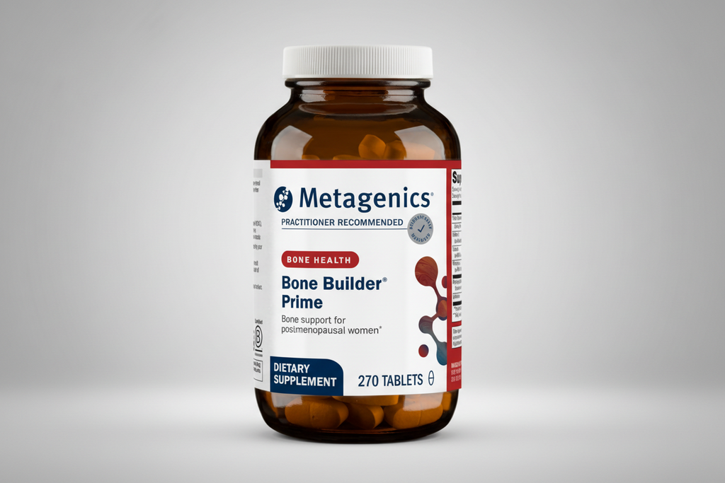 Metagenics Bone Builder Prime dietary supplement bottle on a white background