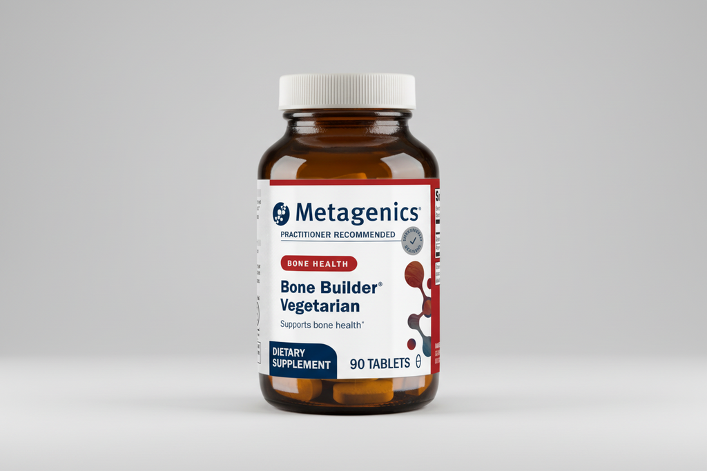 Metagenics Bone Builder Vegetarian dietary supplement bottle on a gray background