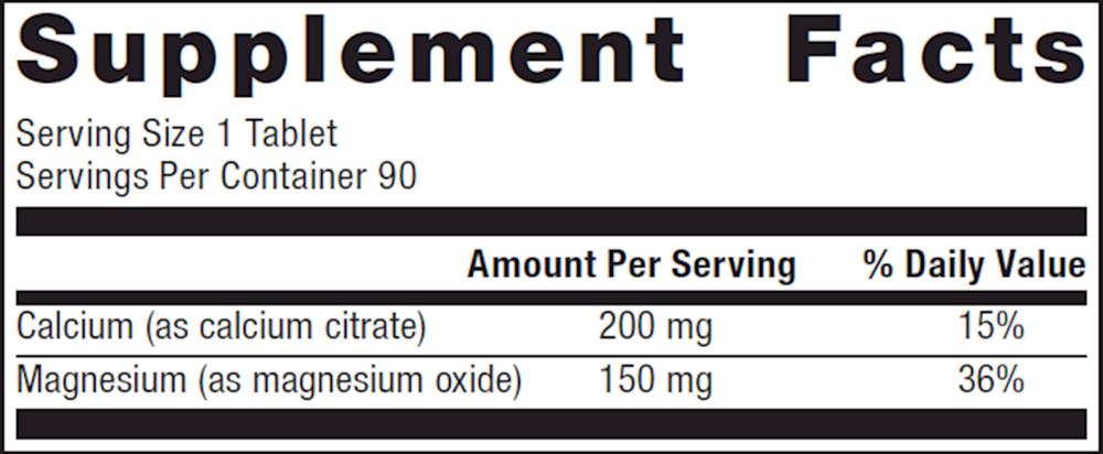 Supplement facts label with calcium and magnesium content on a white background