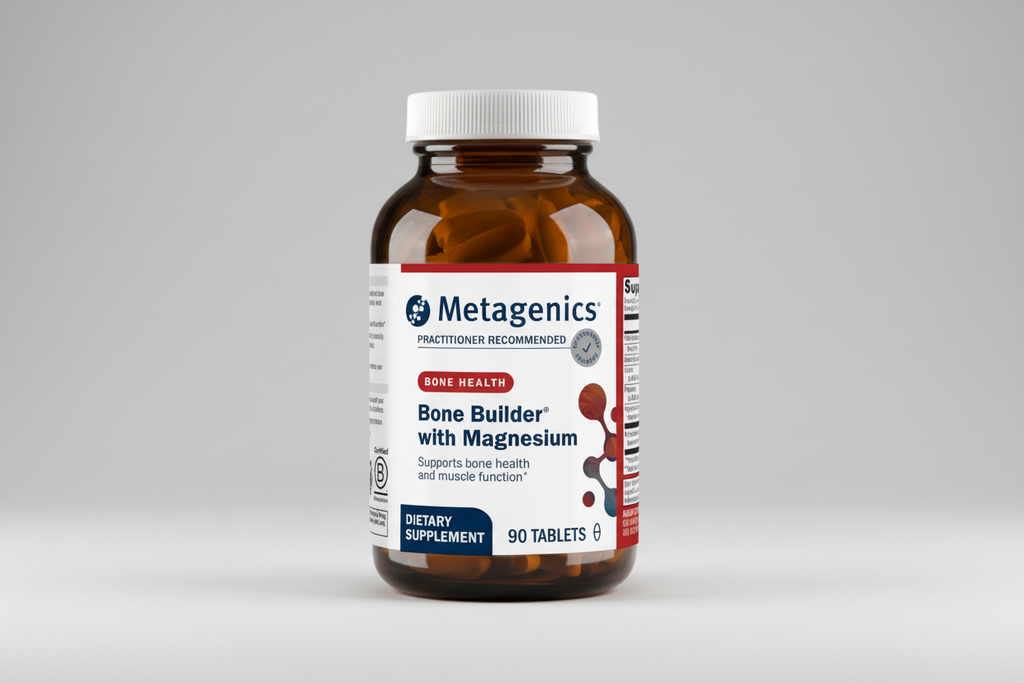 Metagenics Bone Builder with Magnesium dietary supplement bottle on a gray background