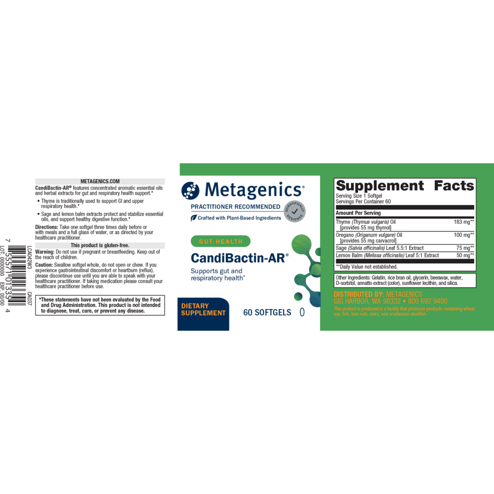 Metagenics Candibactin-AR dietary supplement label on a white background