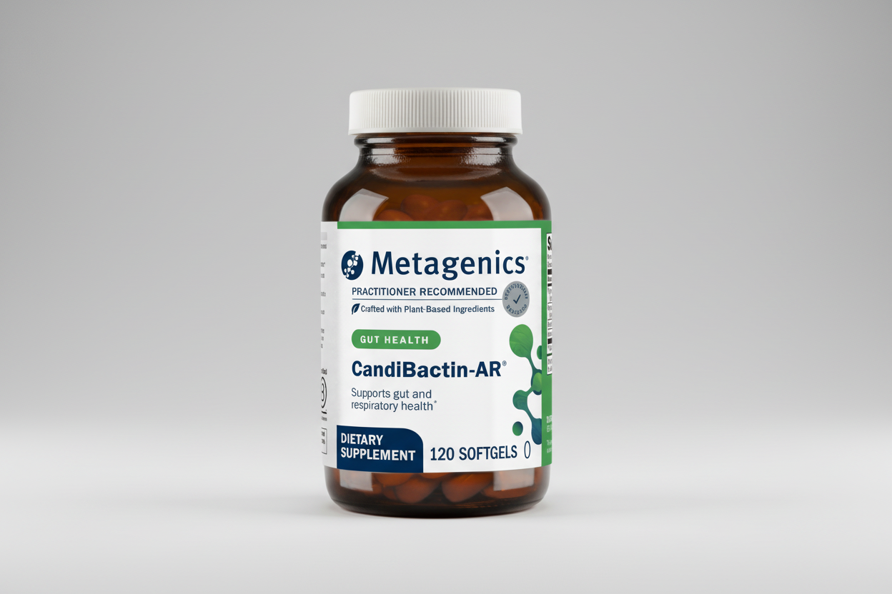 Metagenics Candida Bactin-AR dietary supplement bottle on a gray background