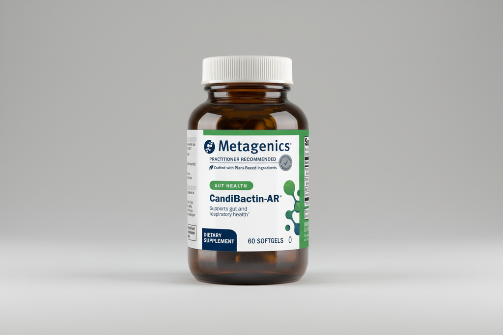Metagenics CandiBactin-AR supplement bottle on a gray background