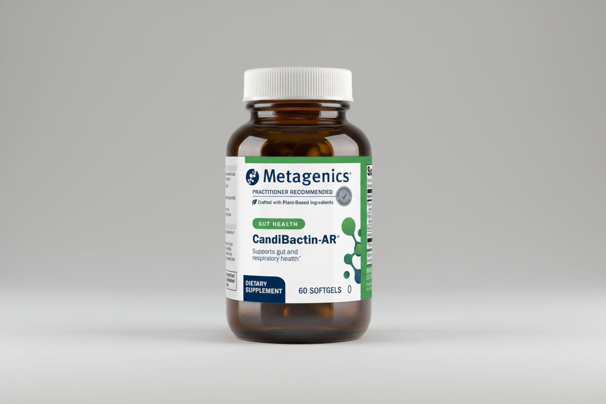 Metagenics CandiBactin-AR supplement bottle on a gray background