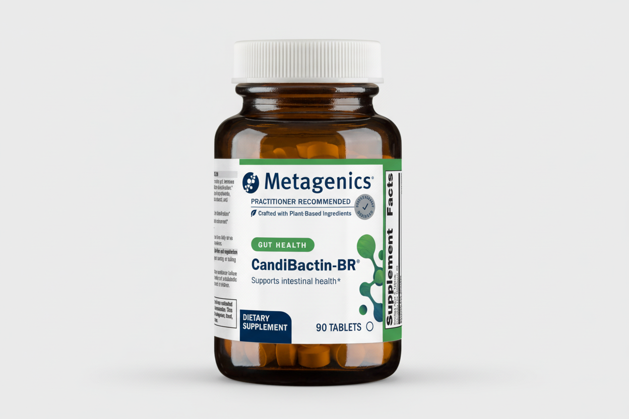 Metagenics CandiBactin-BR supplement bottle on a white background