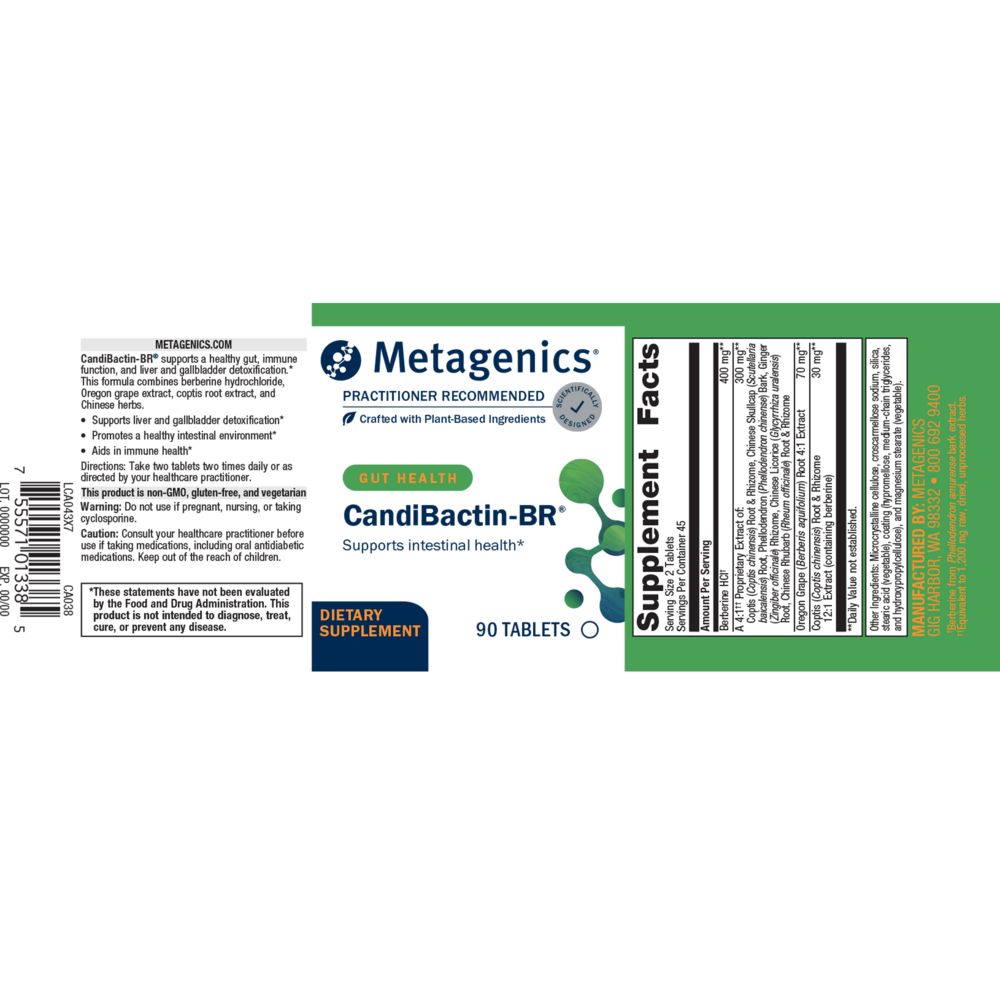 Metagenics CandiBactin-BR supplement label on a white background