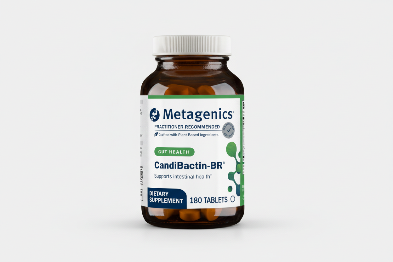 Metagenics CandiBactin-BR dietary supplement bottle on a white background