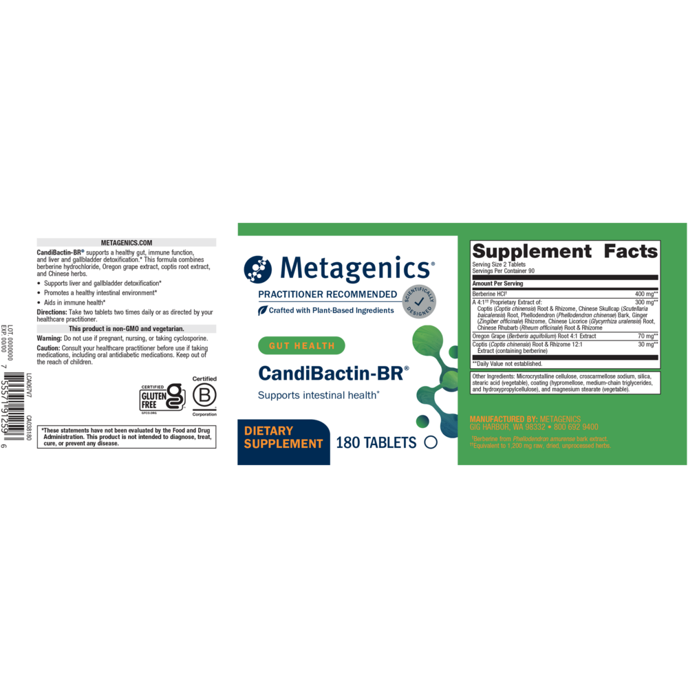 Metagenics Candibactin-BR supplement label on a white background