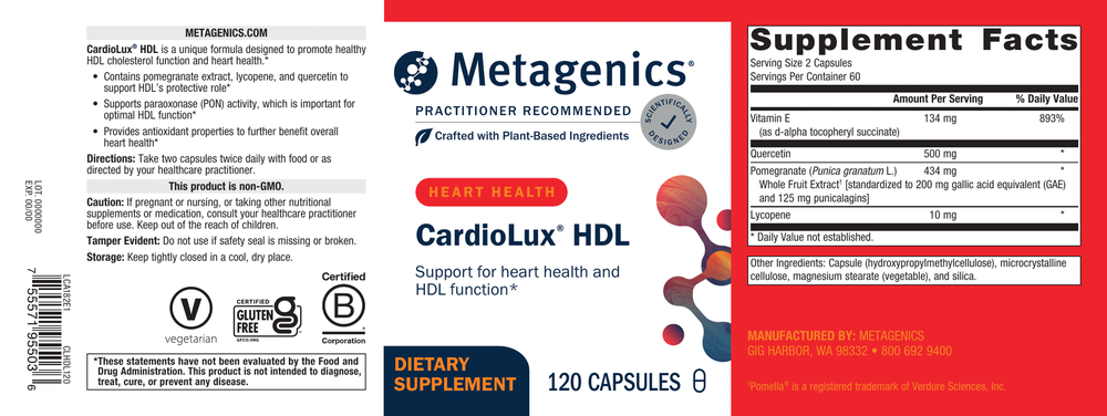 Metagenics CardioLux HDL supplement label with branding and product details.