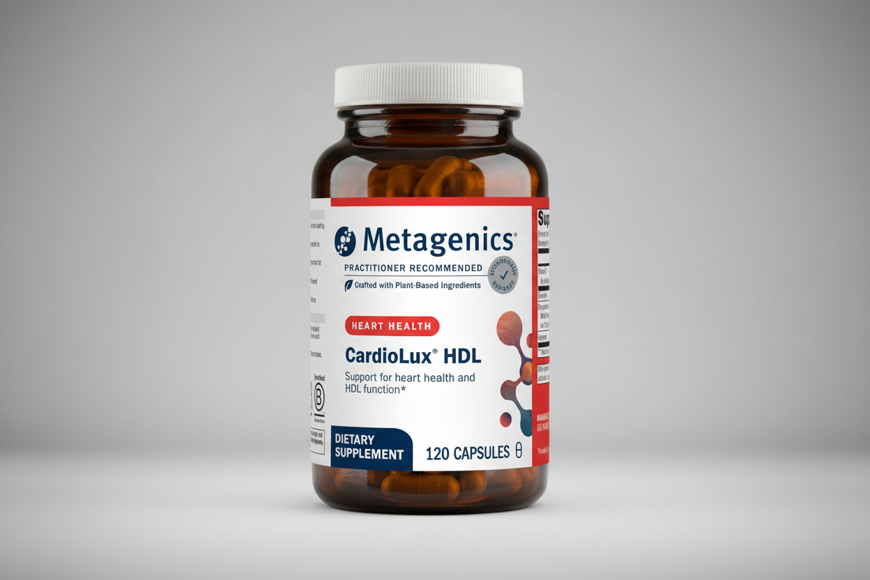 Metagenics CardioLux HDL dietary supplement bottle on a white background