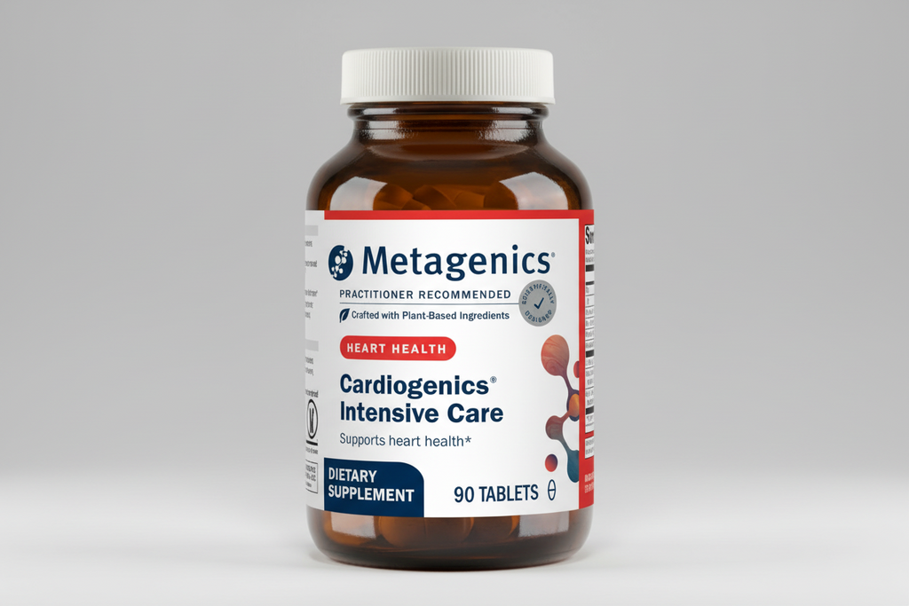Metagenics Cardiogenics Intensive Care dietary supplement bottle on a gray background