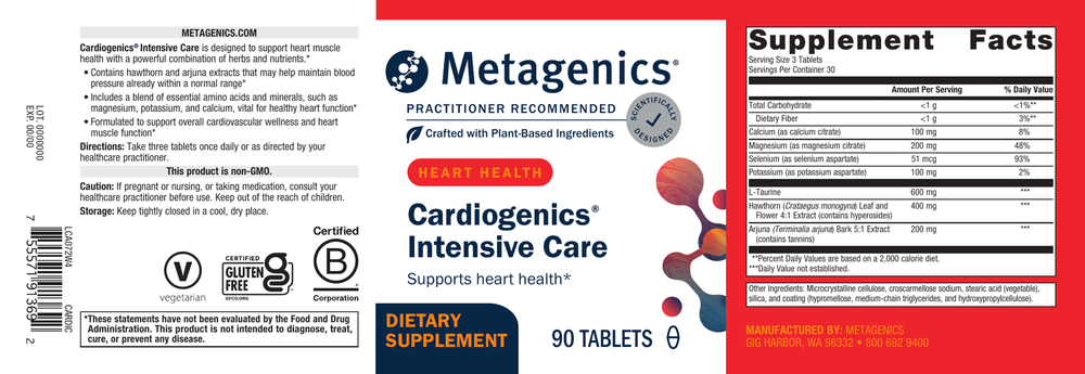 Metagenics Cardiogenics Intensive Care supplement label with text and logos.