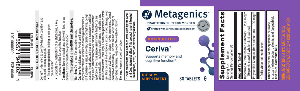 Metagenics Cerviva dietary supplement label with purple and white design.