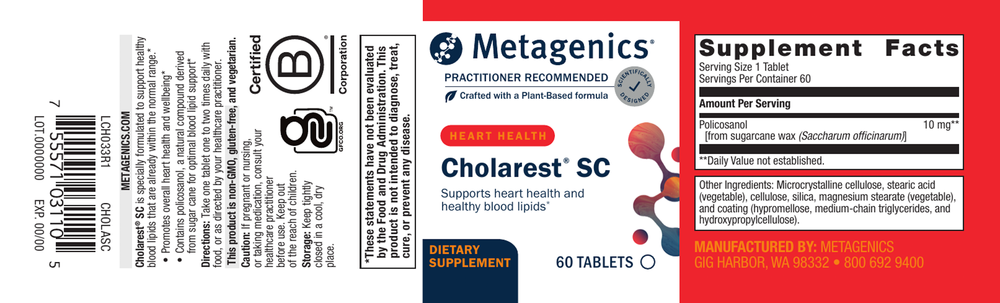 Metagenics Cholarest SC supplement label with branding and product details.