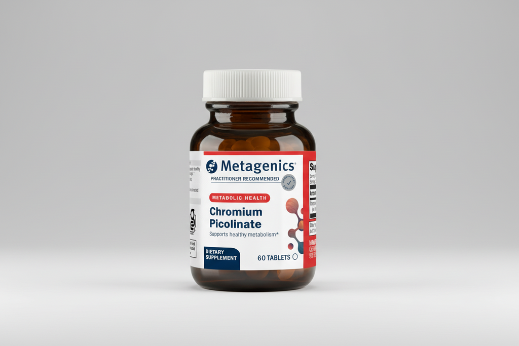 Bottle of Metagenics Chromium Picolinate supplement on a gray background