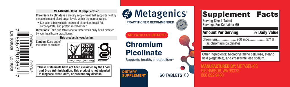 Metagenics Chromium Picolinate supplement label with supplement facts and branding.