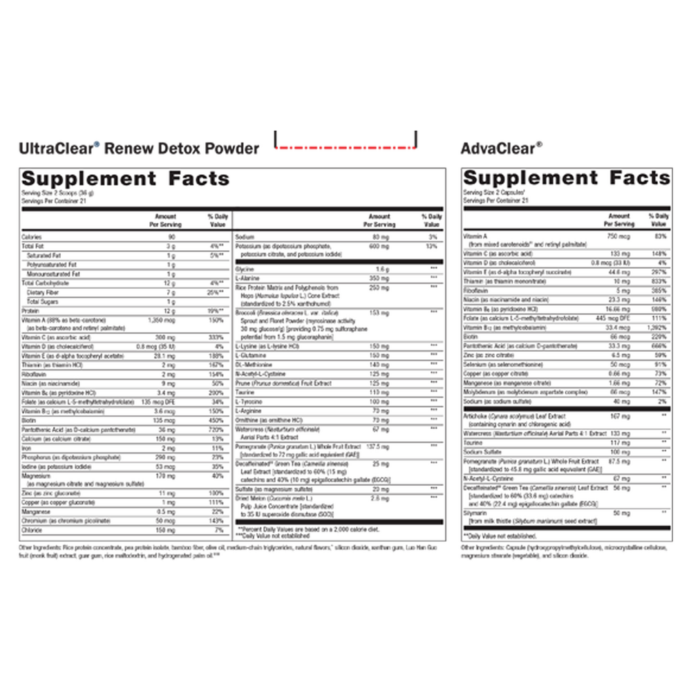 Supplement facts label for UltraClear Renew Detox Powder and AdvaClear on a white background.