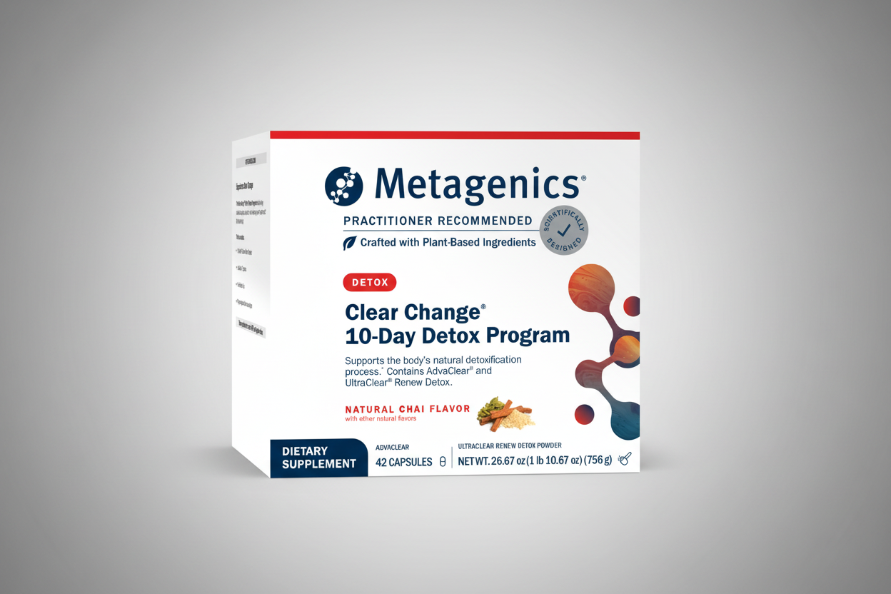 Metagenics Clear Change 10-Day Detox Program packaging on a gray background