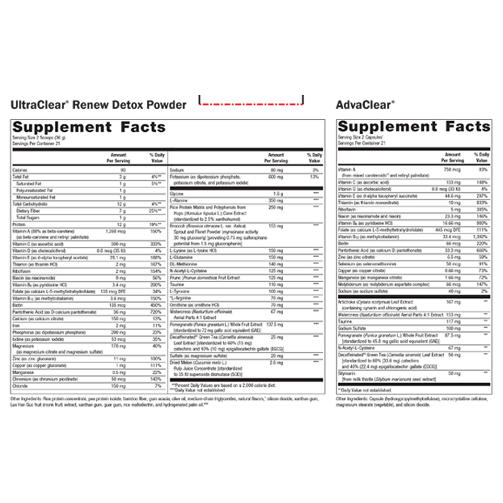 Supplement facts label for UltraClear Renew Detox Powder and AdvaClear on a white background
