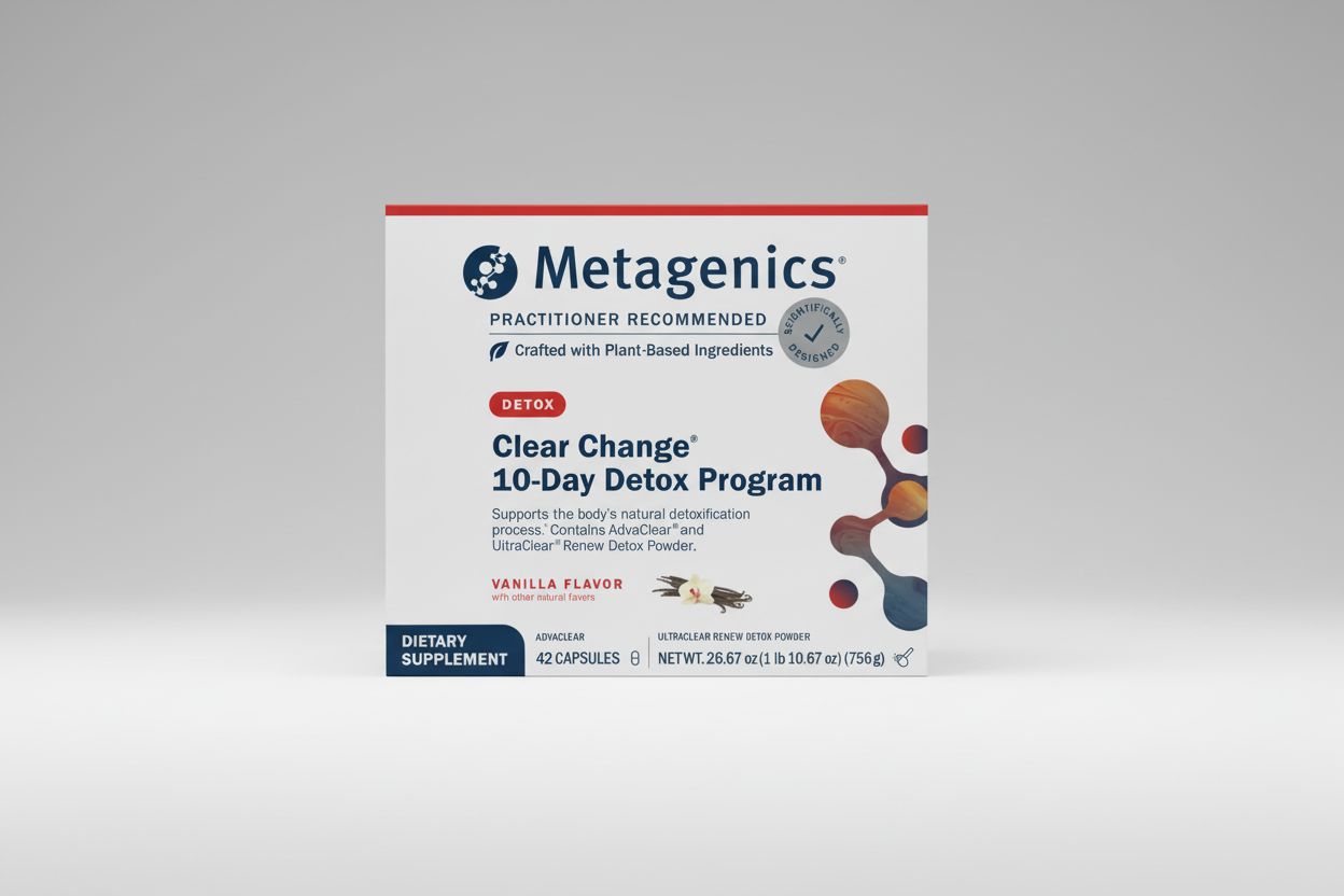 Metagenics Clear Change 10-Day Detox Program packaging on a gray background