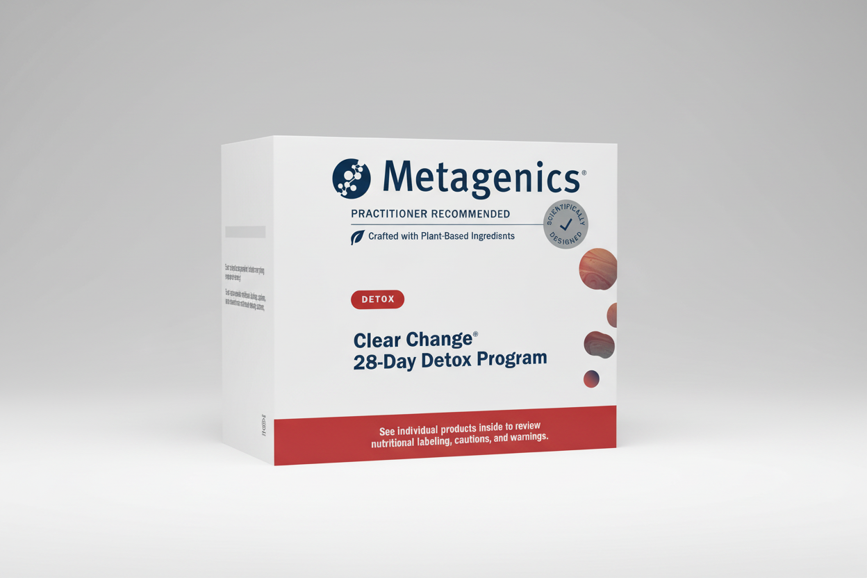 Metagenics Clear Change 28-Day Detox Program packaging on a gray background