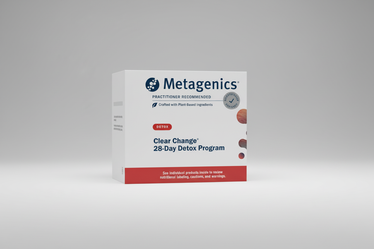 Metagenics Clear Change 28-Day Detox Program packaging on a gray background