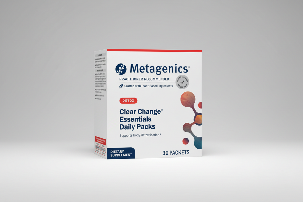 Metagenics Clear Change Essentials Daily Packs box on a gray background