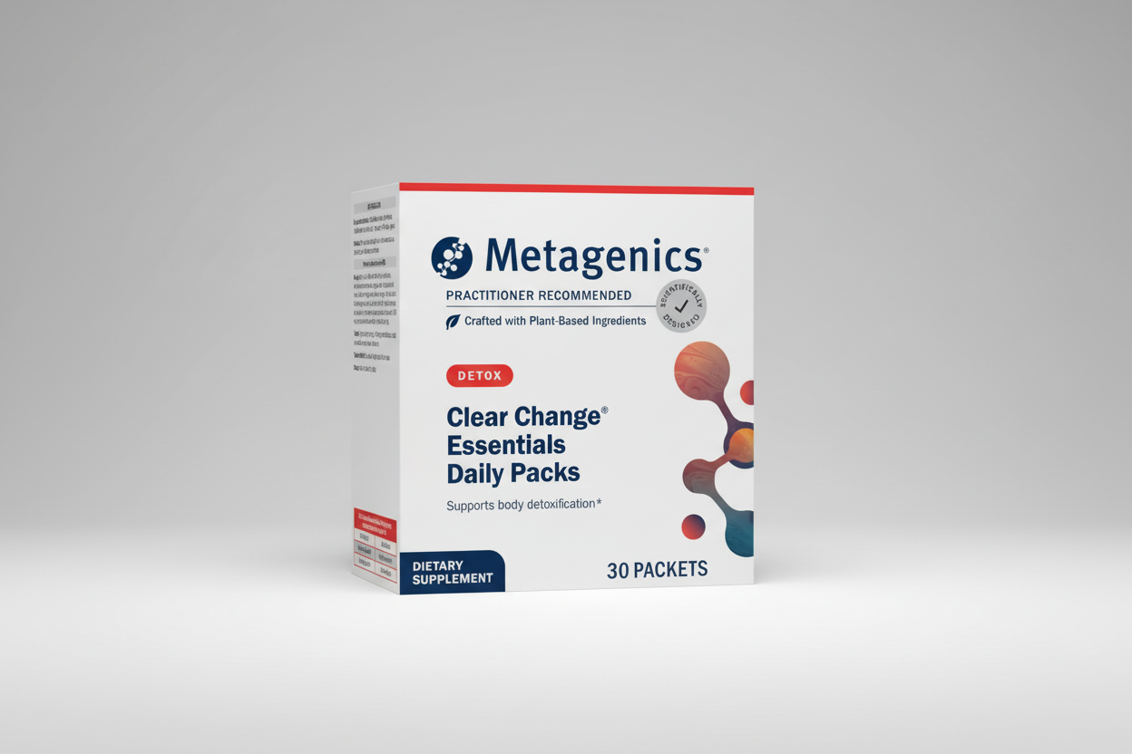 Metagenics Clear Change Essentials Daily Packs box on a gray background
